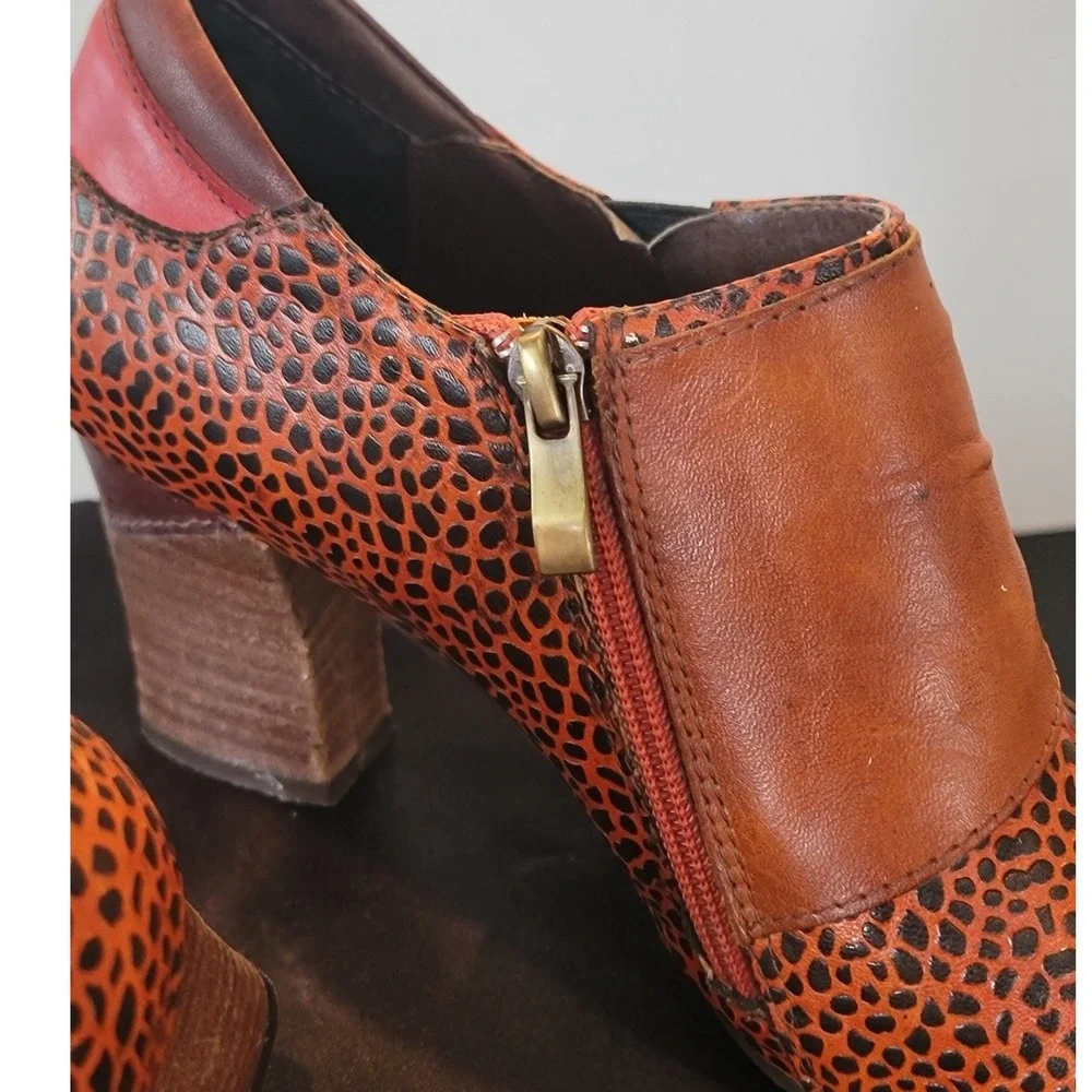 Spring Step L'Artiste Womens 38 Leather Animal Print Patchwork Ankle Boots Brown